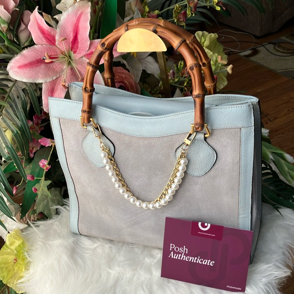 $4800 GUCCI DIANA Suede & Leather with bamboo handle bag in gorgeous aqua blue.